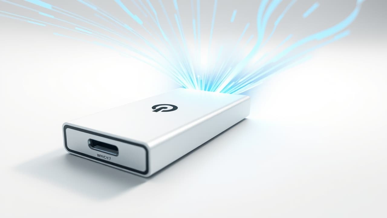 A graphic illustrating data transfer speeds with MB/s and Gbps units for an external SSD