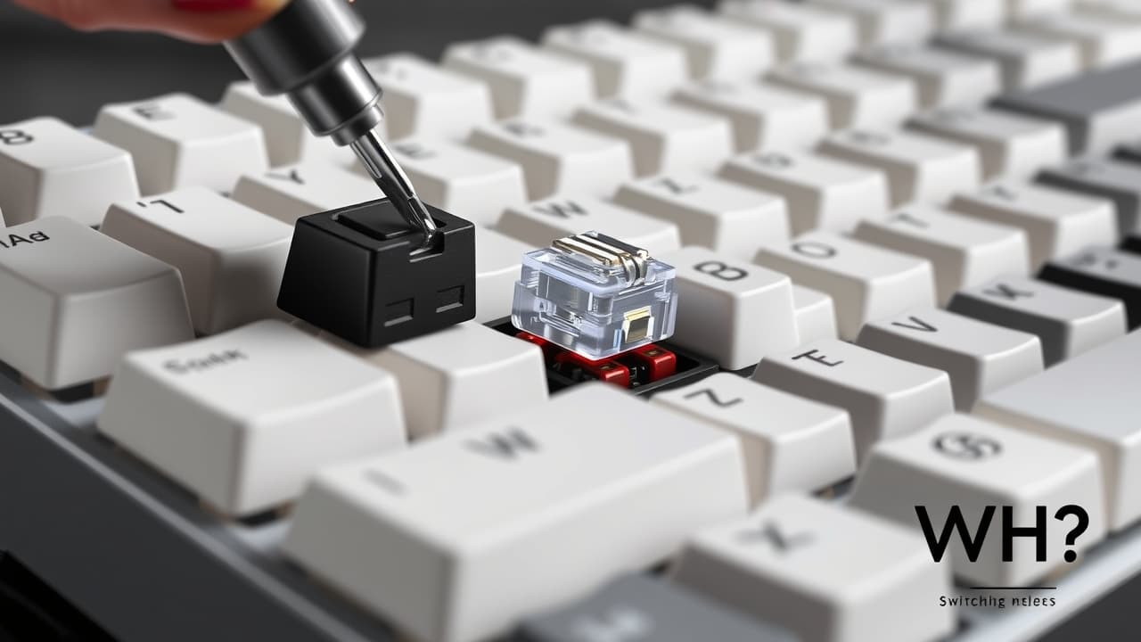 Hand using a switch puller to remove a hot-swappable keyboard switch from a PCB.