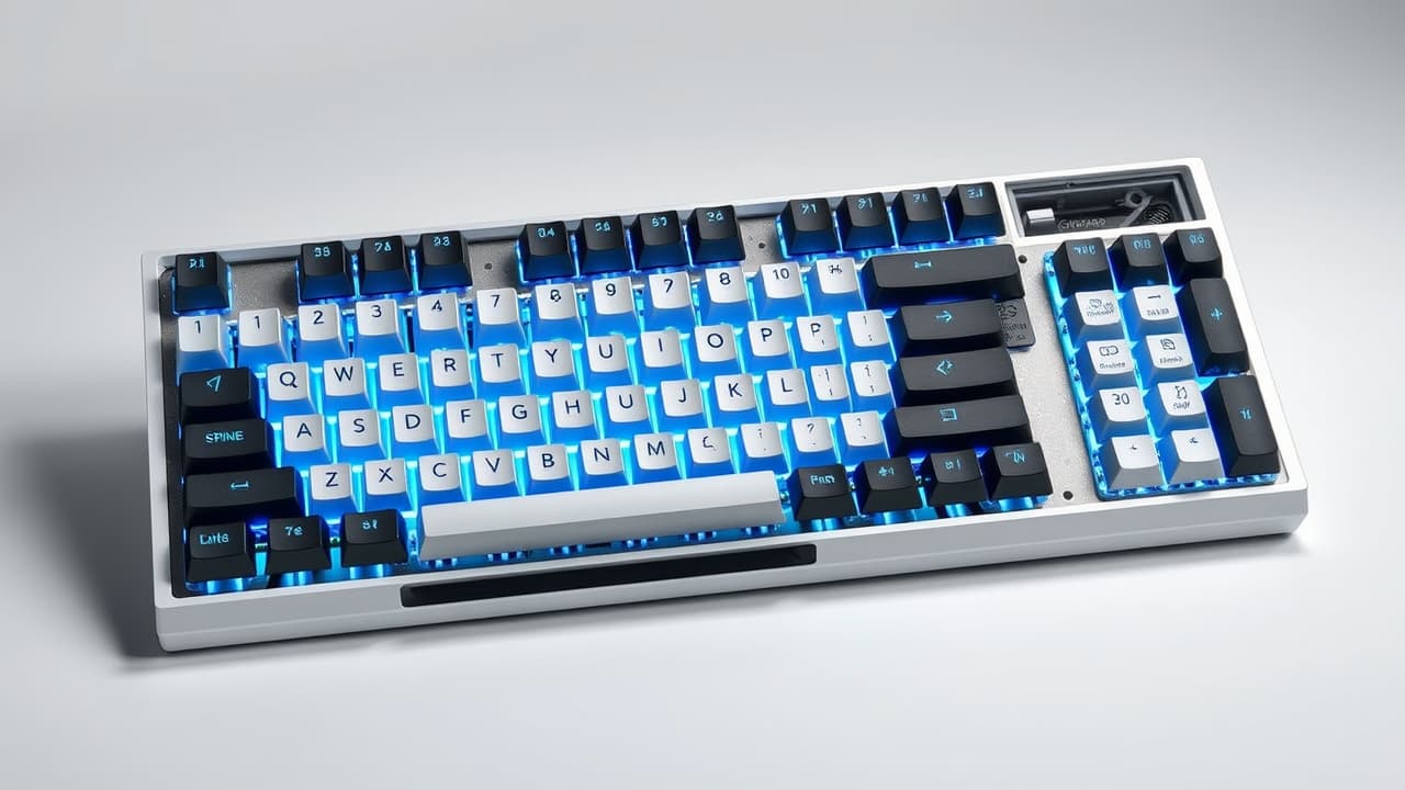 Close-up of a keyboard showing durable PBT keycaps and a sturdy metal frame.