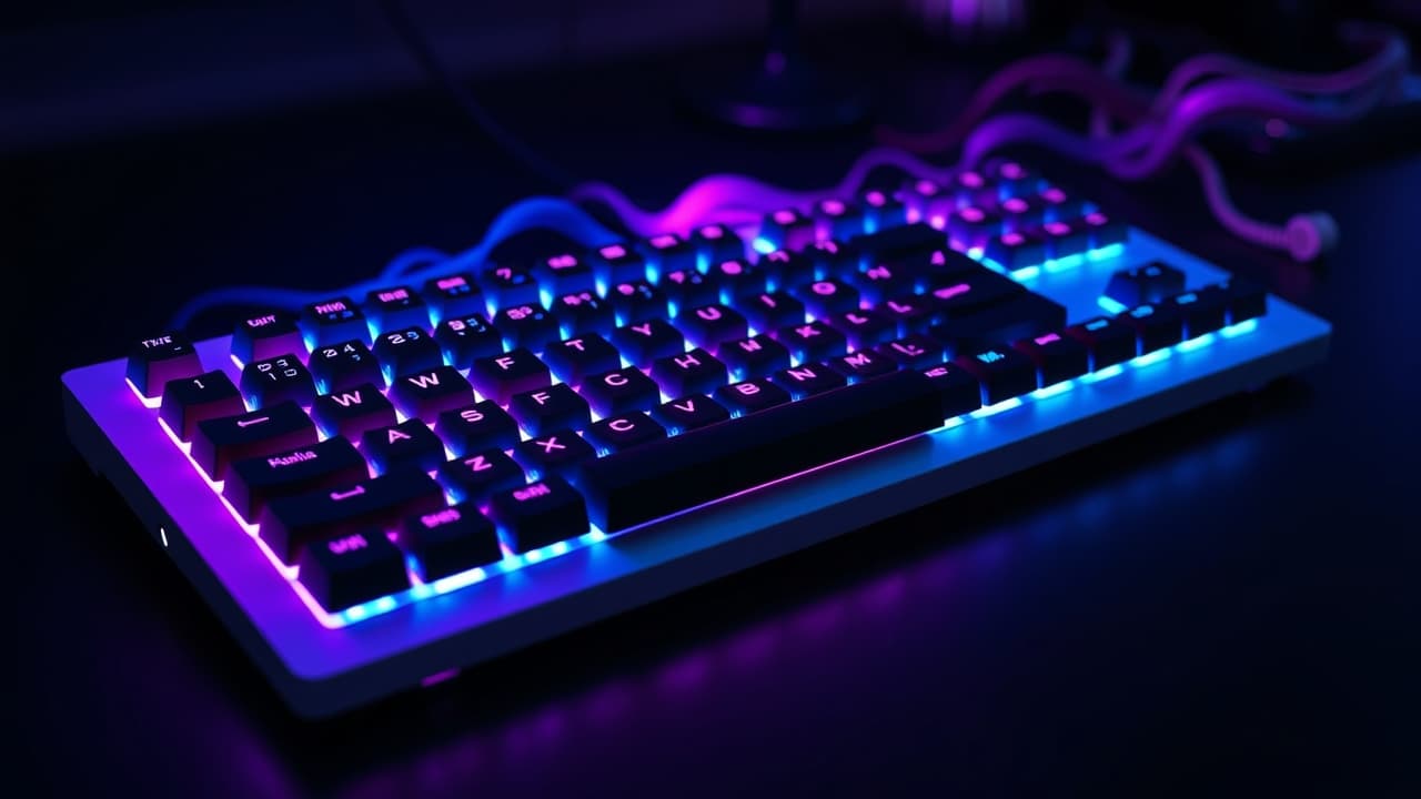 Keyboard with vibrant per-key RGB backlighting and underglow effects.
