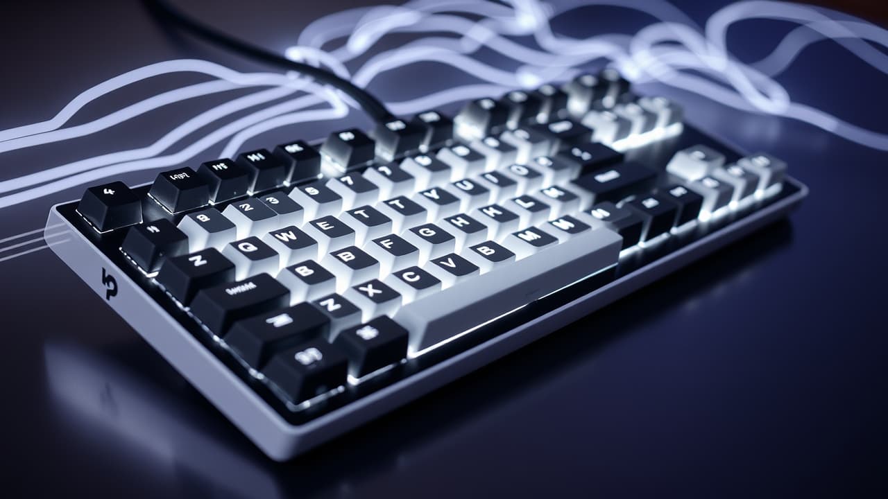 Diagram showing keyboard sending signals to a computer, with arrows indicating polling rate and a stopwatch for latency.