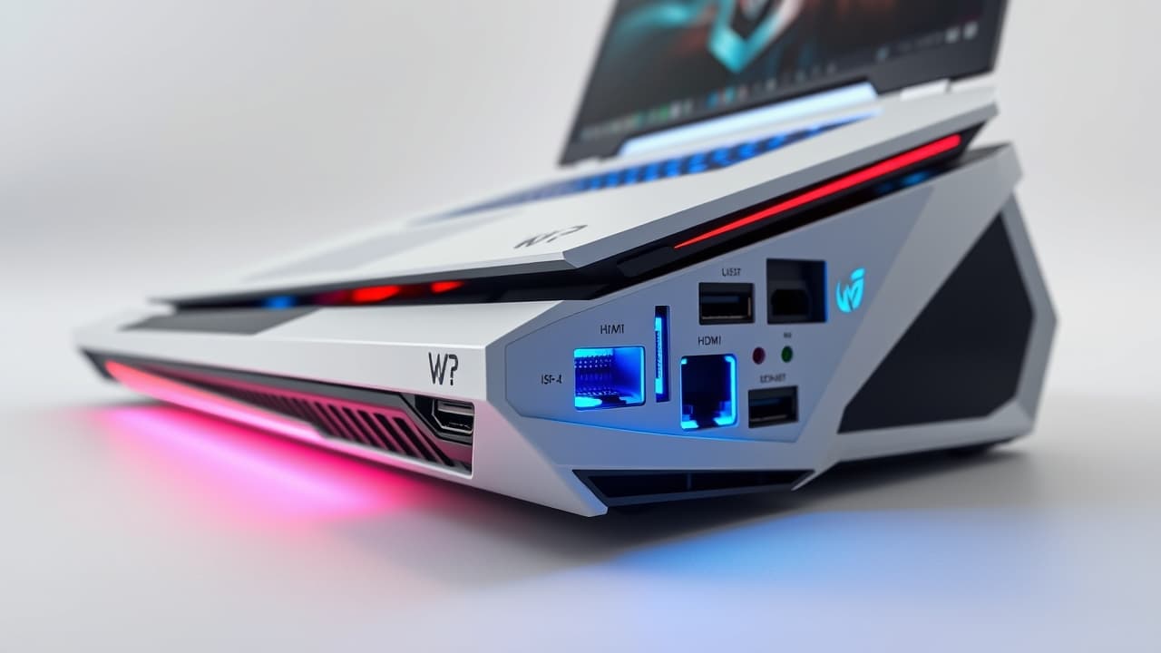 Laptop ports including Thunderbolt 4 and Wi-Fi 7 symbol