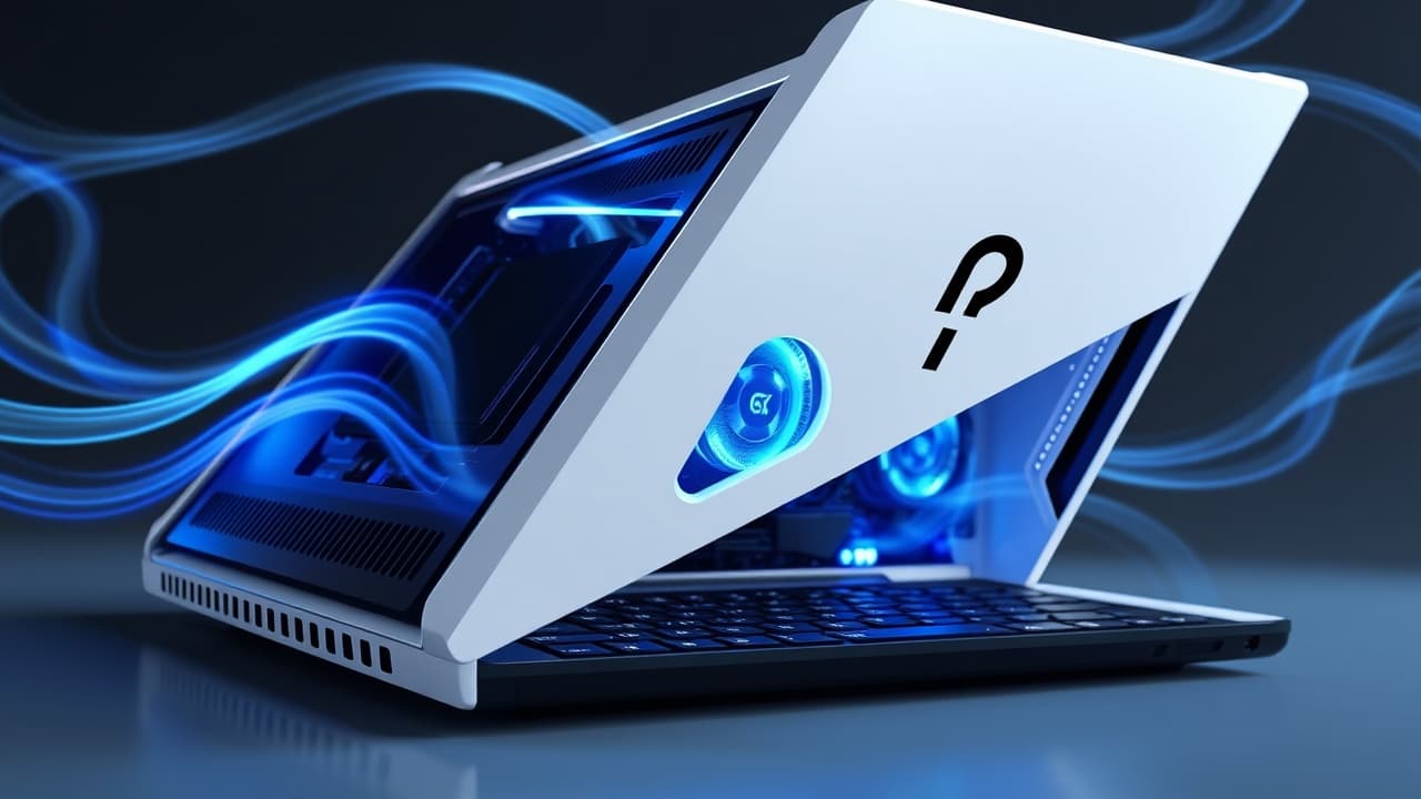 Internal view of a gaming laptop's cooling system with fans and heat pipes