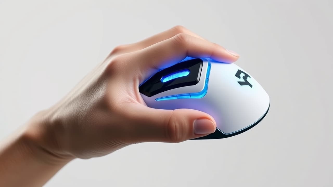 Three hands demonstrating palm, claw, and fingertip grip styles on different gaming mice