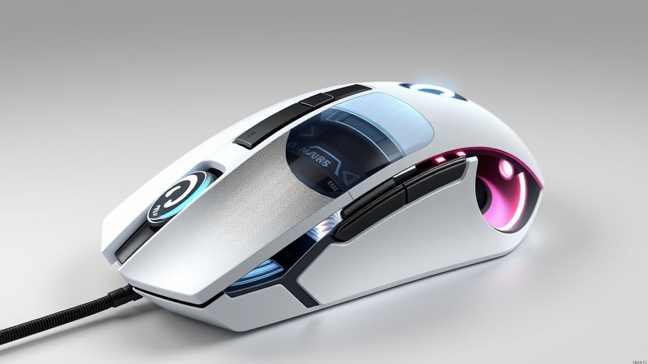 Cross-section of a gaming mouse showing different shell materials like magnesium alloy and carbon fiber