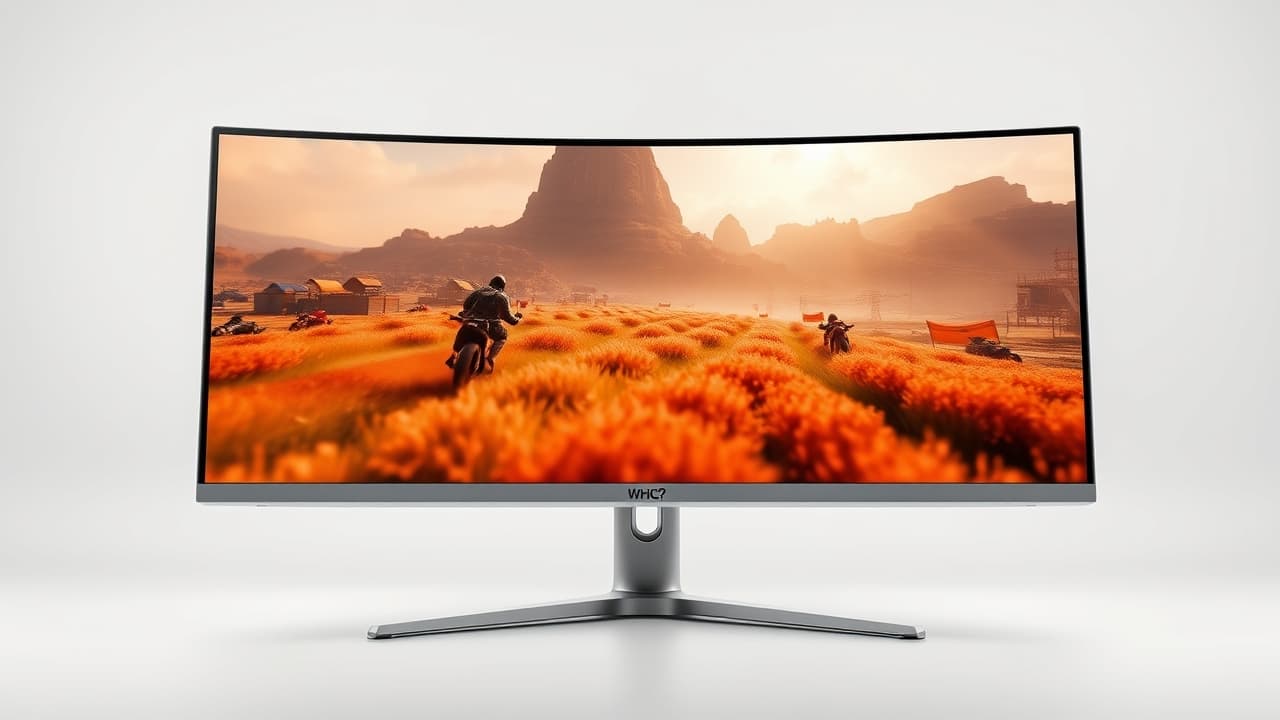 A curved ultrawide monitor displaying an immersive game scene, highlighting the panoramic view