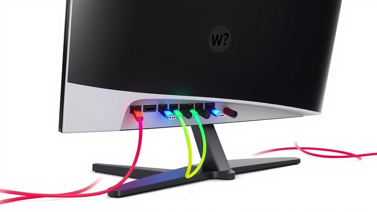 Various ports on the back of a gaming monitor, including HDMI, DisplayPort, and USB-C, showing diverse connectivity