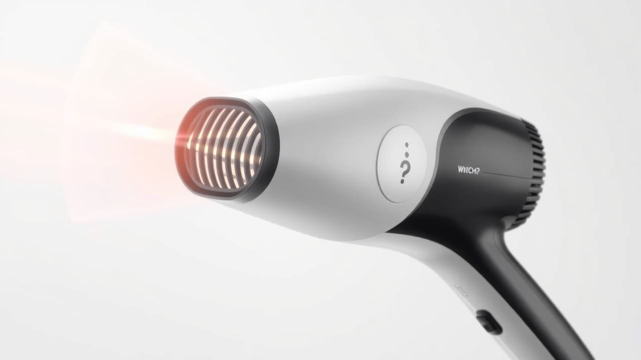 A hair dryer brush with an automatic shut-off feature and a safety plug, emphasizing user protection.
