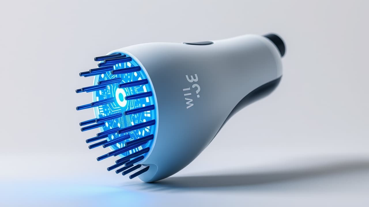 Diagram illustrating ionic and ceramic technology within a hair dryer brush, showing negative ions and even heat distribution.