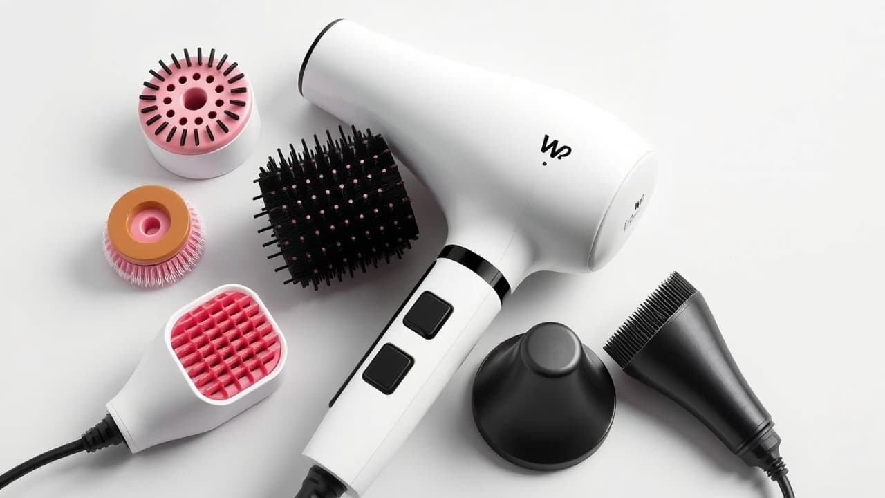 A multi-styler hair dryer brush with various interchangeable attachments for different styling needs, such as curling, smoothing, and volumizing.