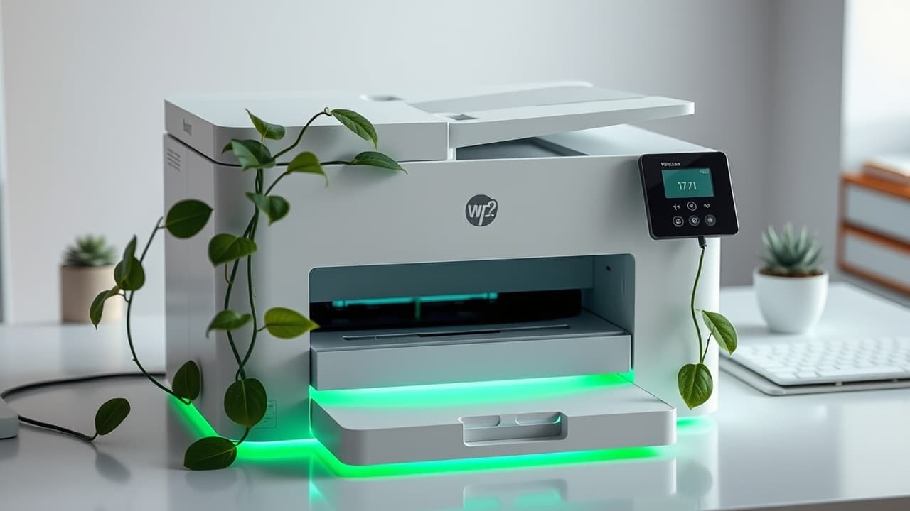 Green leaf icon with a printer, symbolizing eco-friendly printing