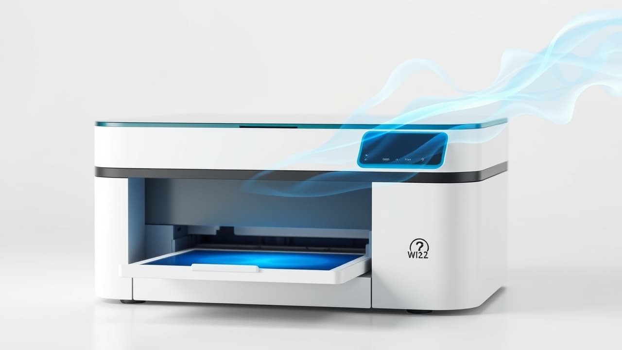 A printer with a label highlighting 'Heat-Free Technology' and energy savings