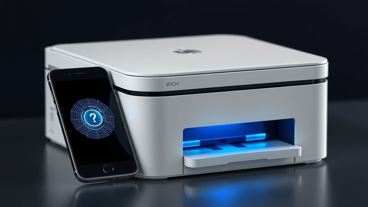 A smartphone tapping a printer with an NFC logo, indicating secure connection