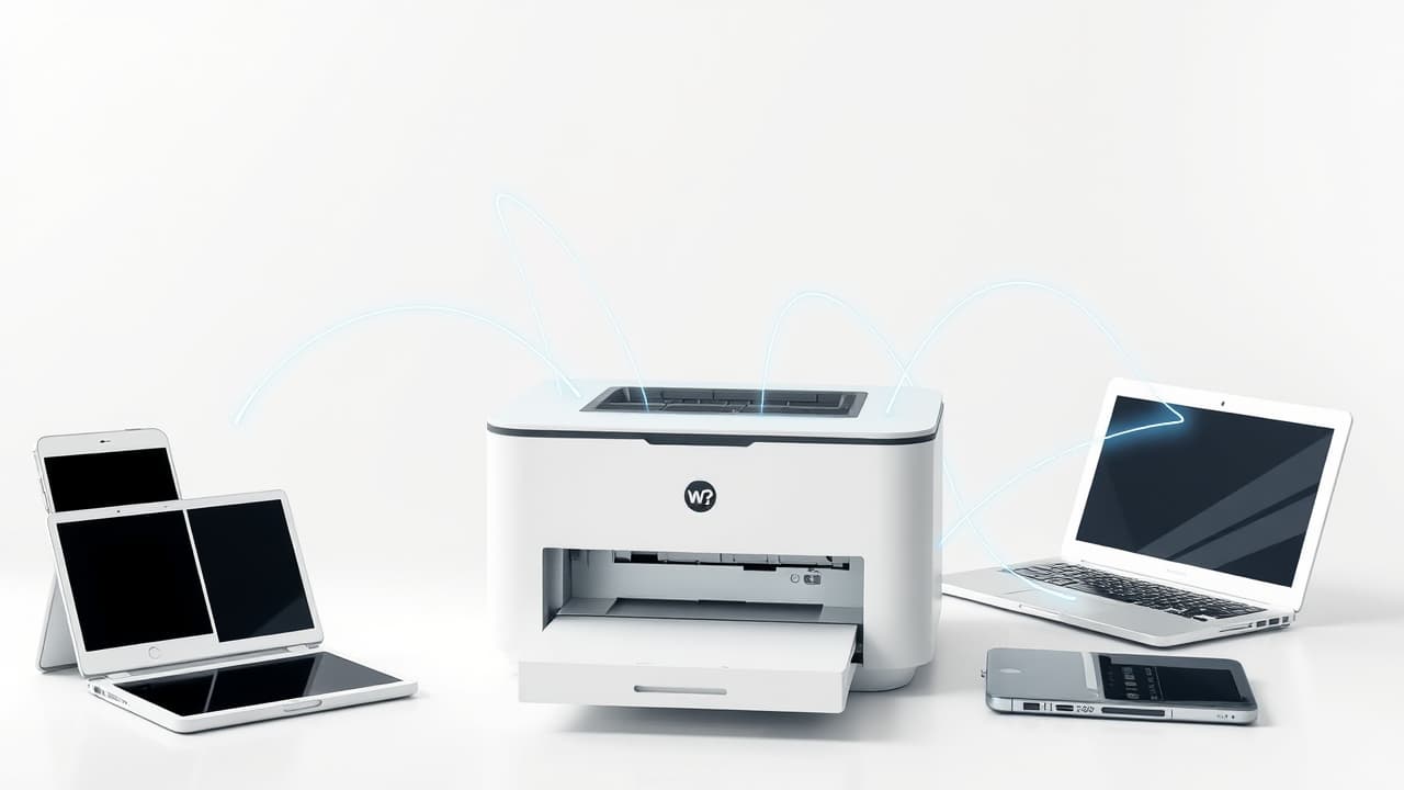 Icons representing various printer connectivity options: Wi-Fi, USB, Ethernet, Cloud