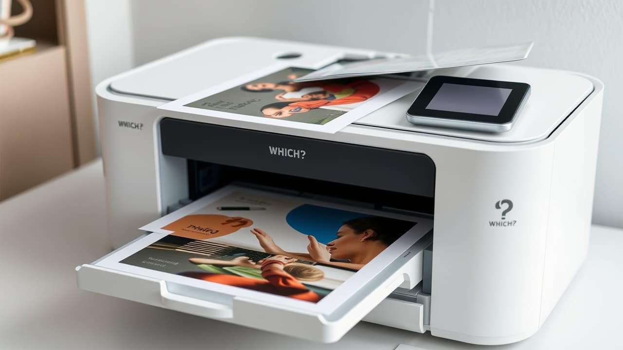 Various types of specialty paper next to a printer: photo paper, cardstock, envelopes