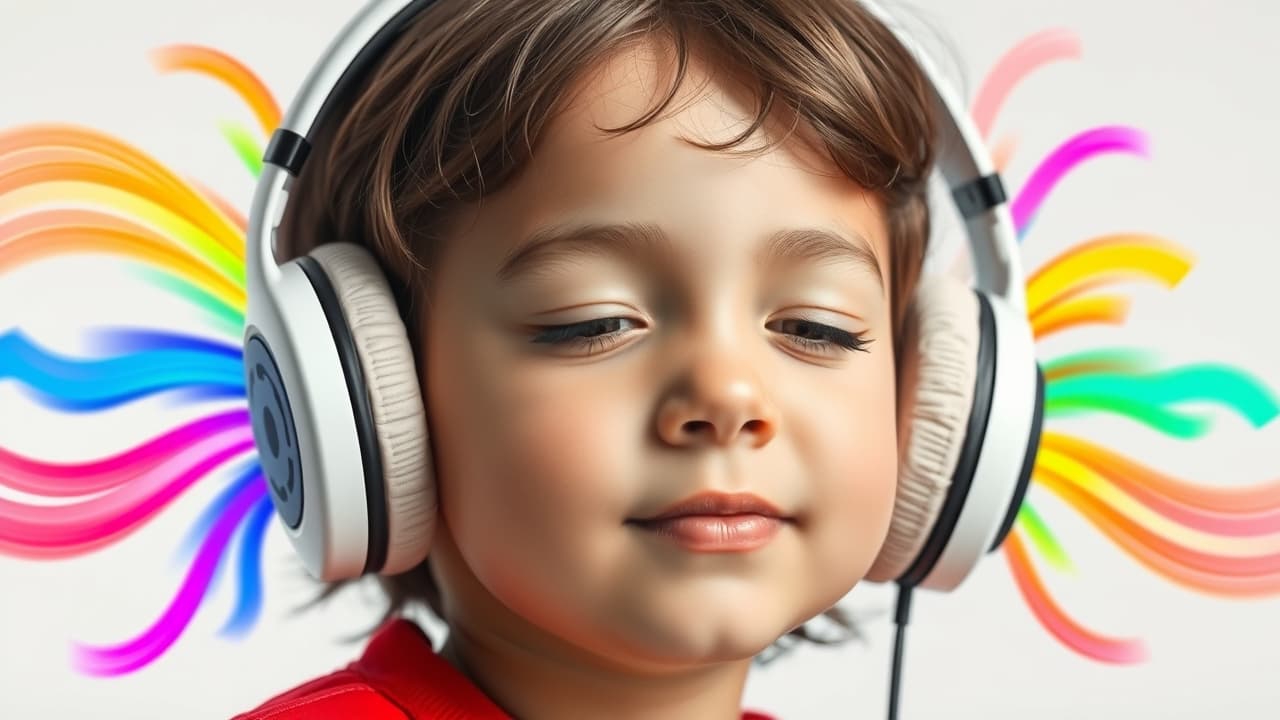 Child wearing noise-cancelling headphones in a busy environment