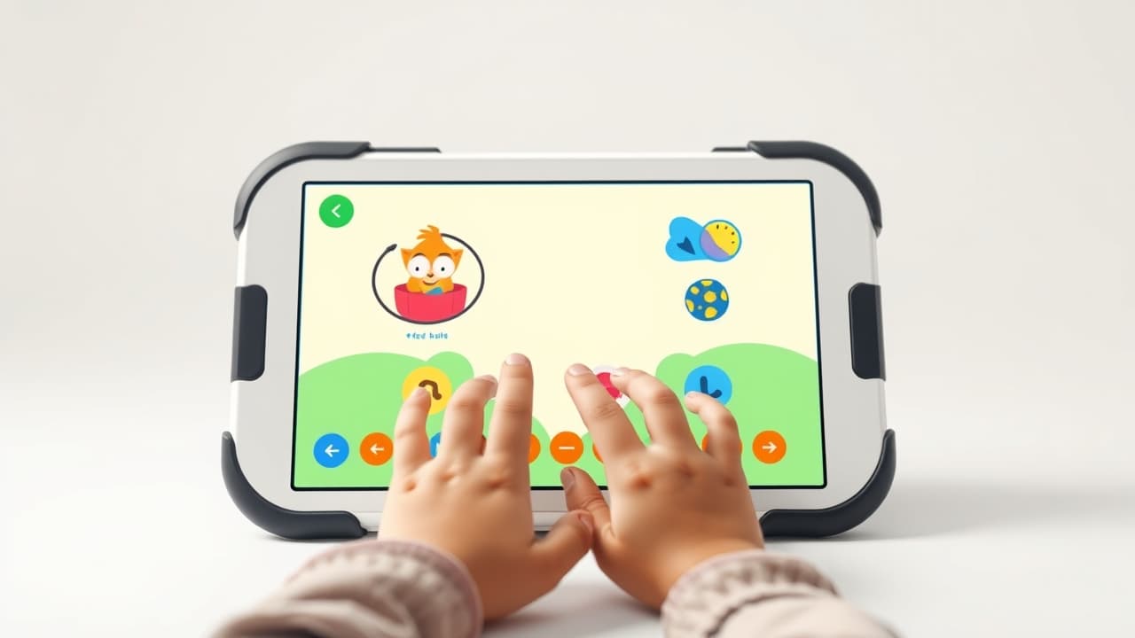 A young child and an older child using different types of tablets, one with a simplified interface and the other with a more advanced one