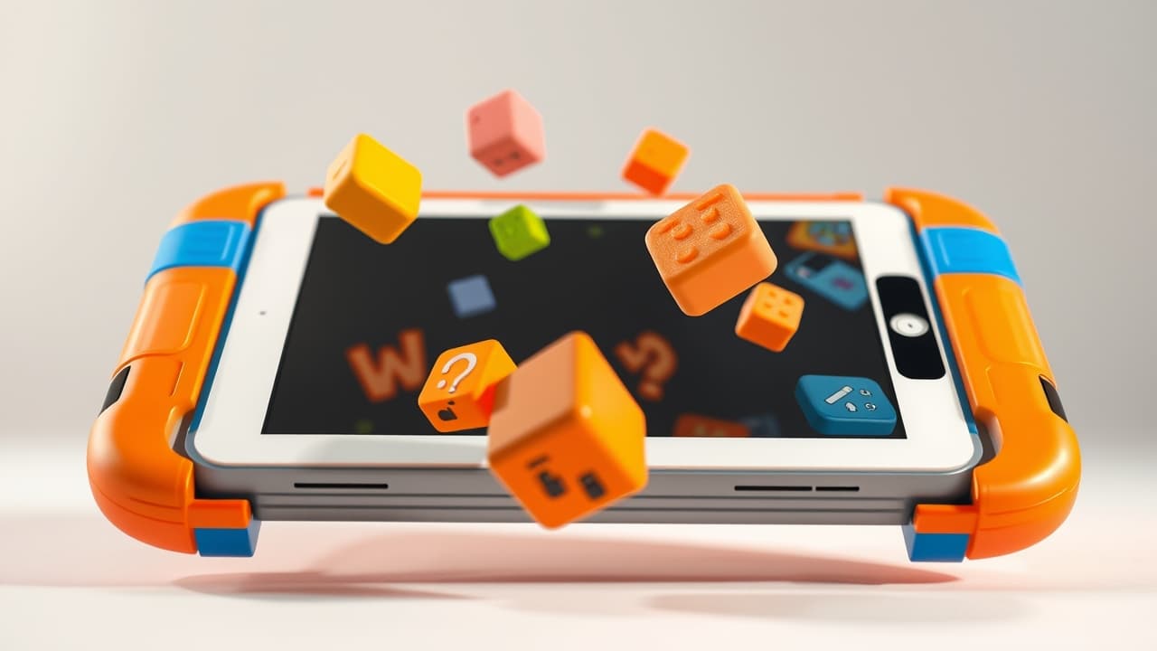 A rugged kids tablet with a thick, colorful protective case and a built-in stand