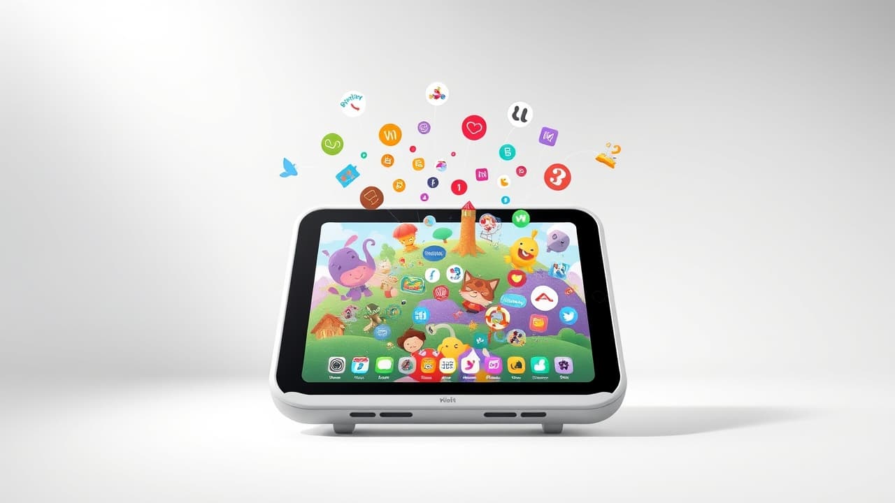 A child interacting with educational apps on a tablet, showing a variety of colorful learning games and videos