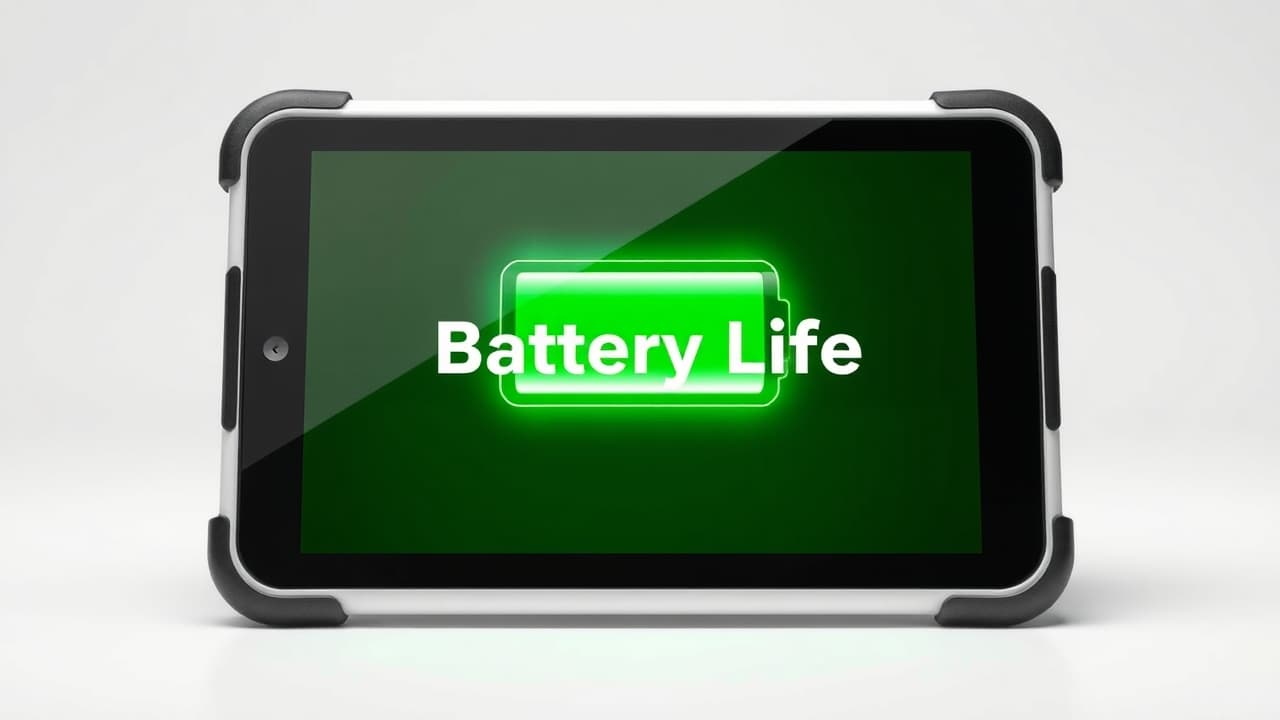 A tablet screen displaying a full battery icon, with a charging cable nearby
