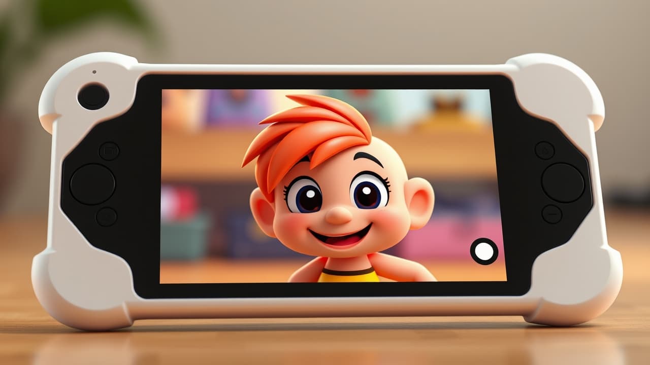 A tablet showing a child taking a photo with the rear camera, and another child on a video call with the front camera