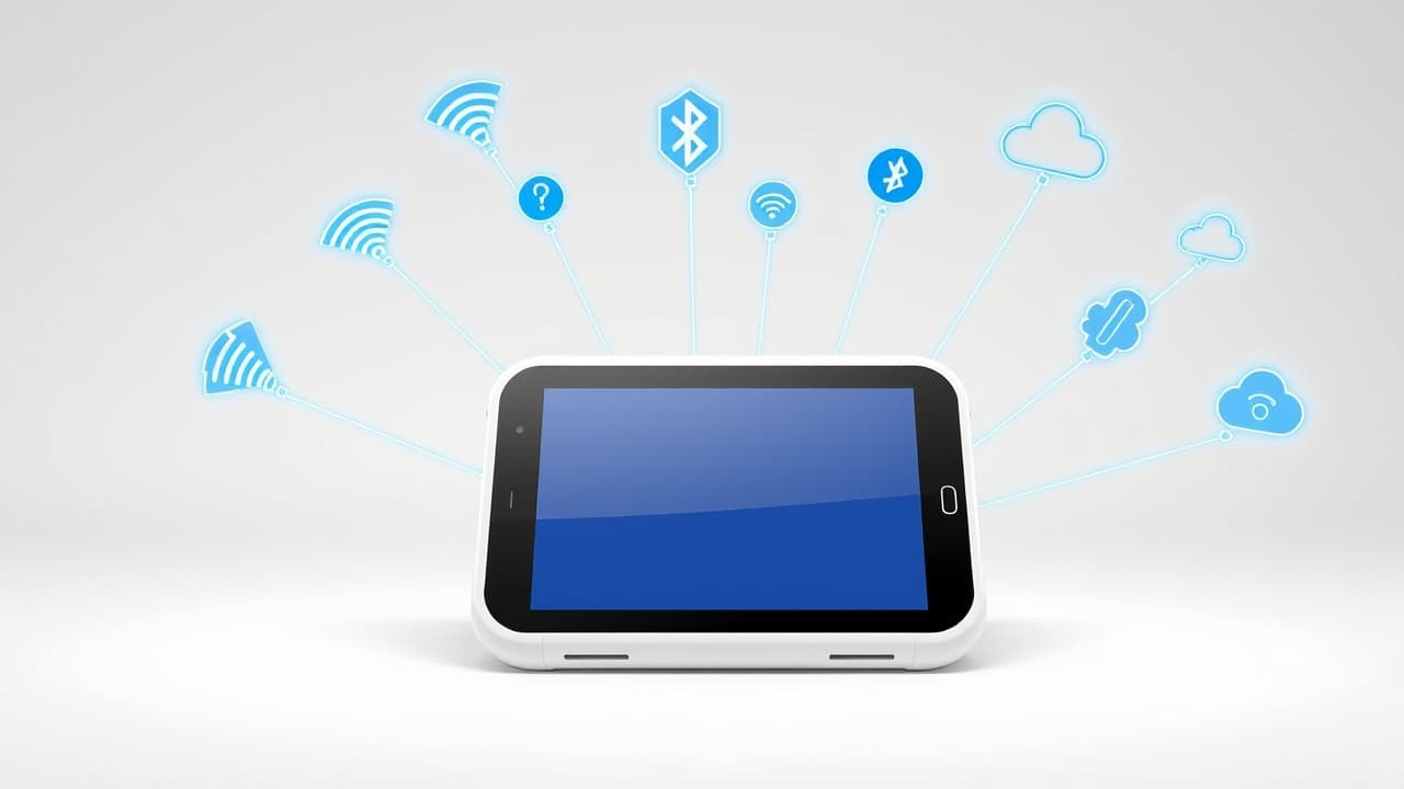 A tablet screen showing Wi-Fi and cellular signal icons, with various ports visible on the device