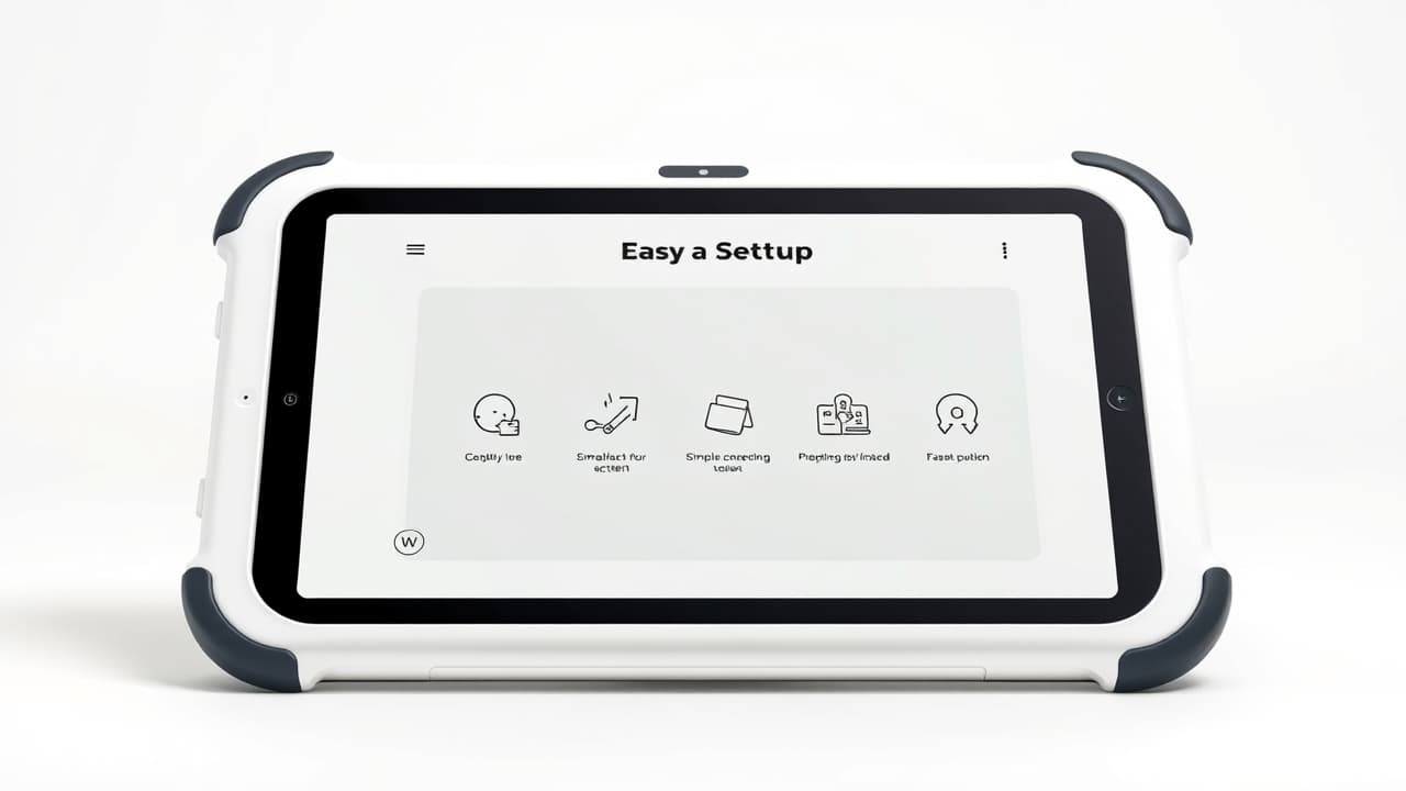 A parent and child setting up a tablet together, showing a simple and intuitive interface