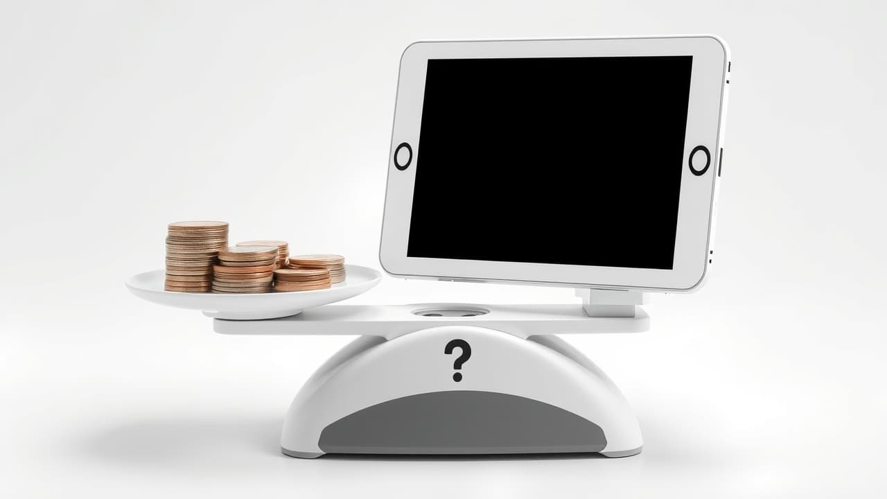 A stack of coins next to a tablet, symbolizing cost and value