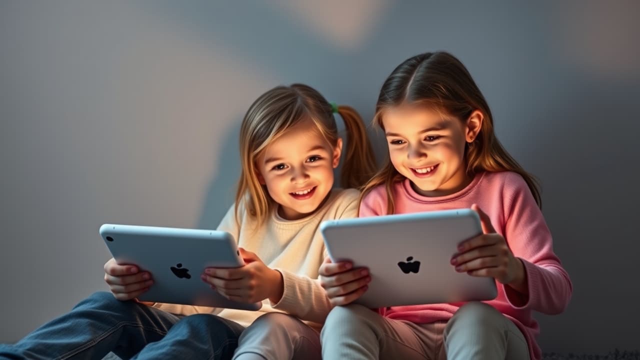 Children interacting with tablets in a group setting, showing social connection