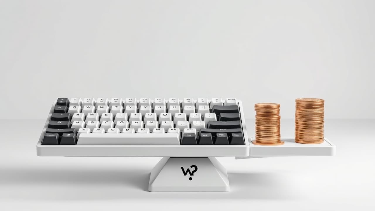 A stack of coins next to a mechanical keyboard, symbolizing budget considerations