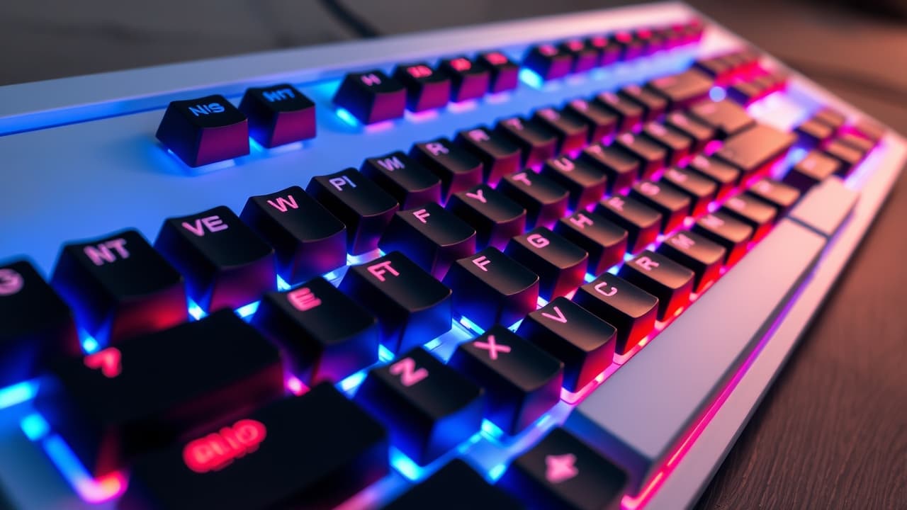 Gamer's hands on a mechanical keyboard with RGB lighting, highlighting quick reactions