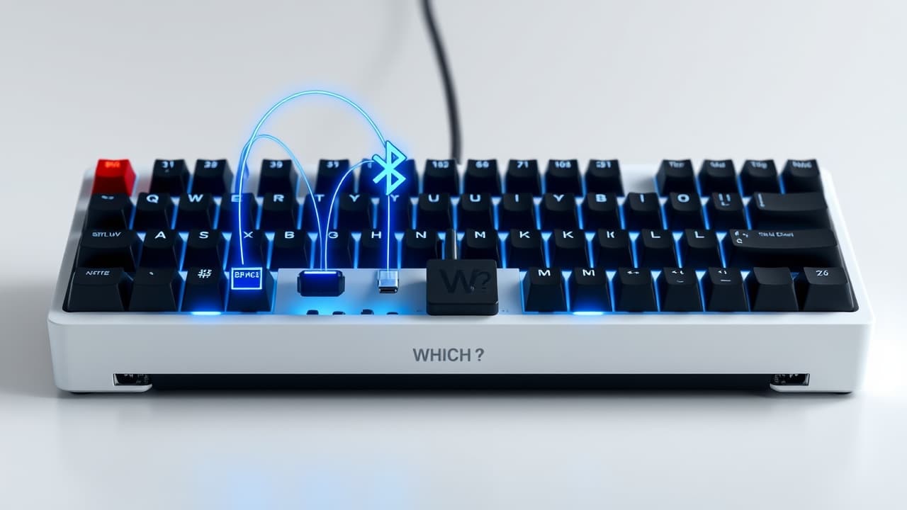 Mechanical keyboard connected via USB-C, Bluetooth, and 2.4GHz dongle, illustrating multi-mode connectivity