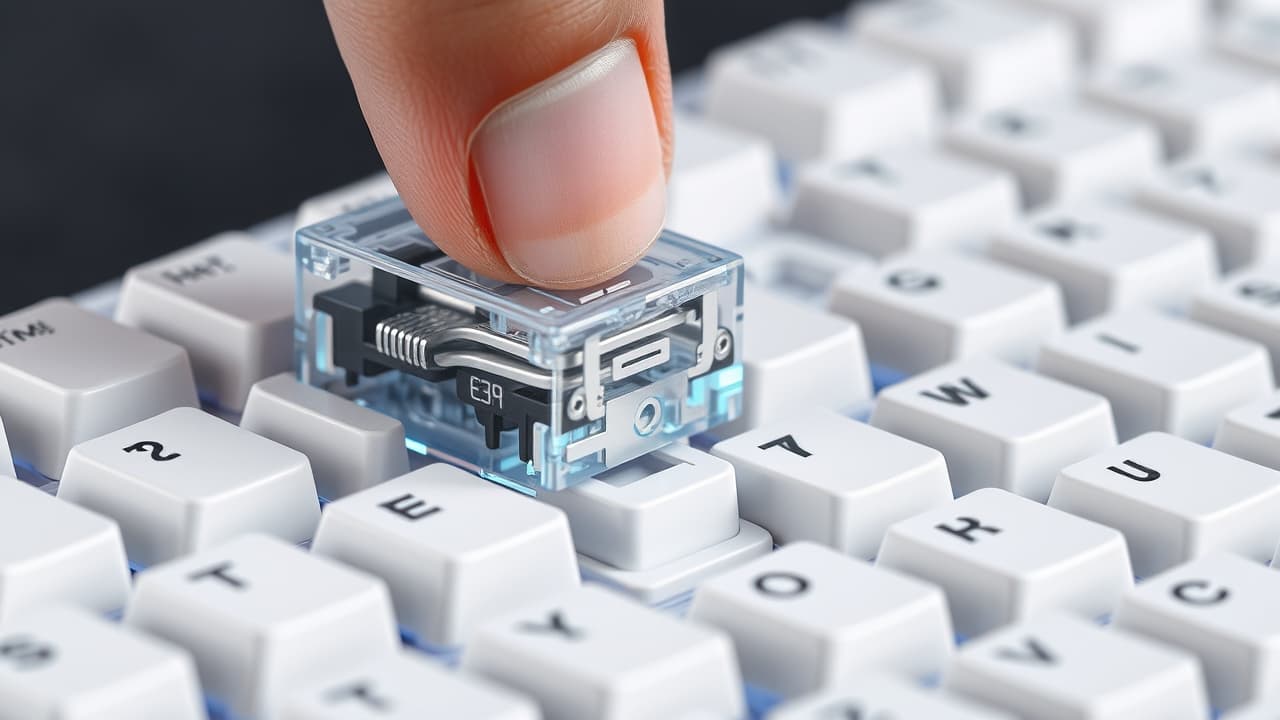 Close-up of different mechanical keyboard switch types: linear, tactile, and clicky