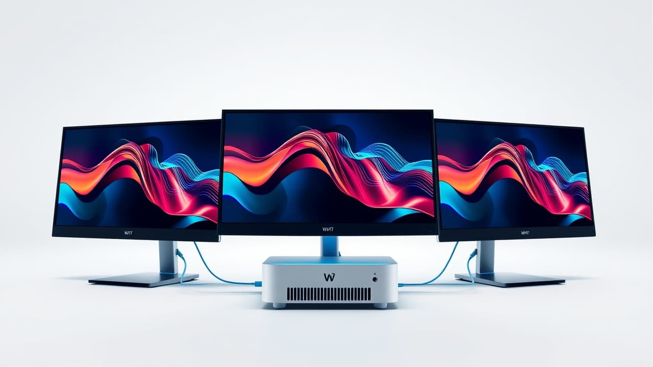 Diagram illustrating multi-monitor setup options for a mini desktop PC, showing various port configurations