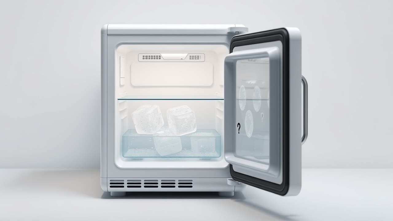 A small, separate freezer compartment inside a mini fridge, containing ice cubes and a frozen meal