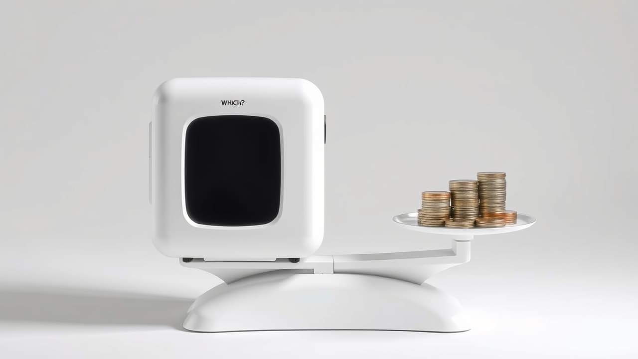 A stack of coins next to a mini fridge, symbolizing cost-effectiveness and good value