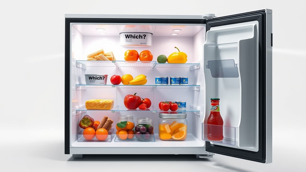 Interior of a mini fridge showing adjustable glass shelves, door bins, and a crisper drawer for organized storage