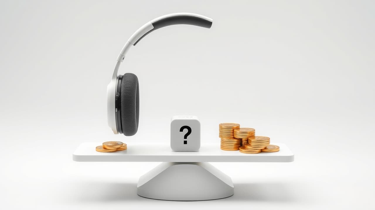 A hand holding headphones with a price tag, symbolizing value for money