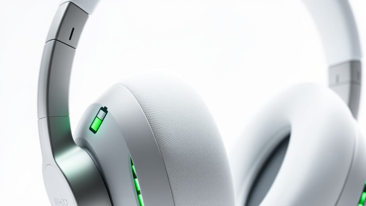 Battery icon with a long charge indicator, representing extended battery life for a wireless headset