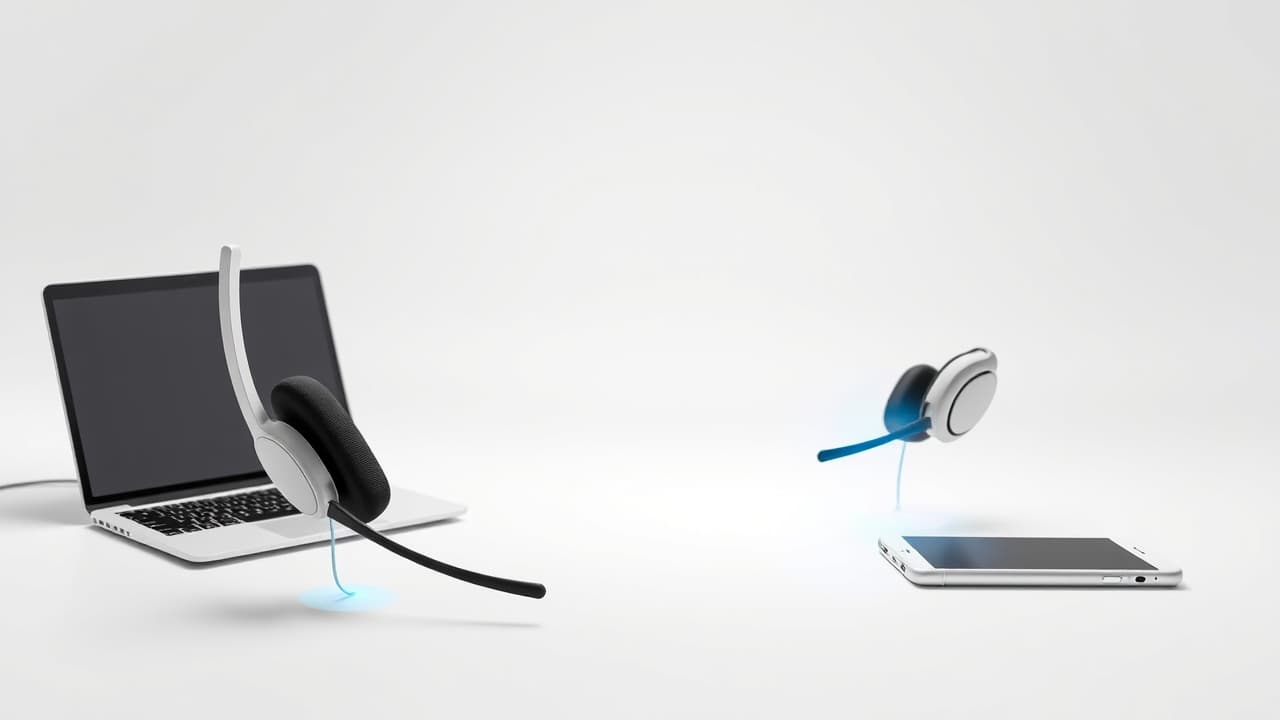 Diagram showing a wireless headset connecting to multiple devices like a laptop, smartphone, and tablet