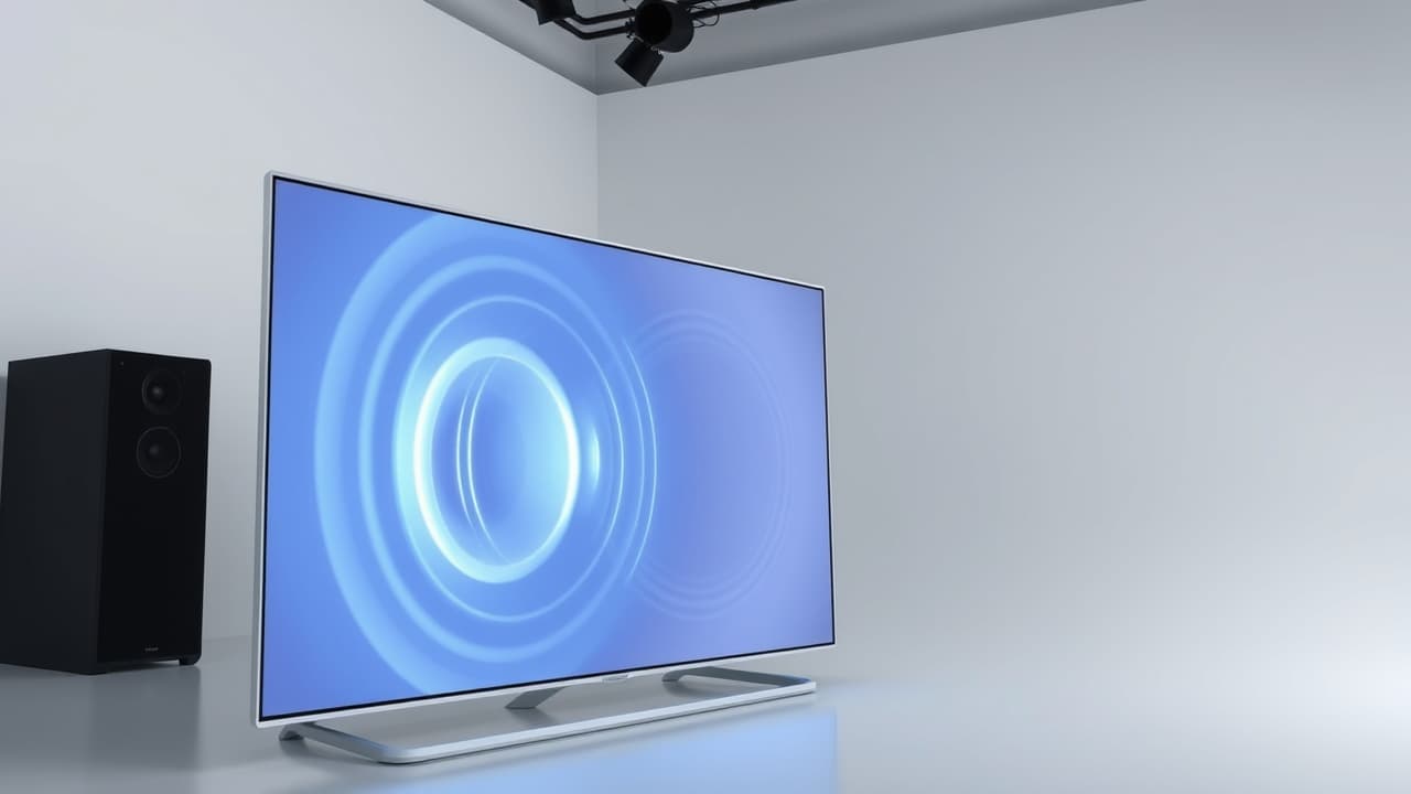 A close-up of a television's built-in speaker grille, with sound waves emanating to represent audio output, emphasizing the audio capabilities of OLED TV technology.