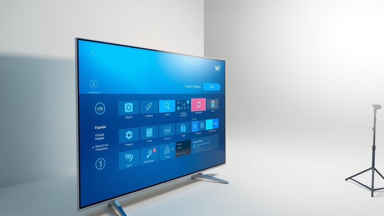 A graphic showing a television screen displaying a clean and intuitive smart TV interface with various app icons and navigation elements, demonstrating user-friendly OLED TV technology.
