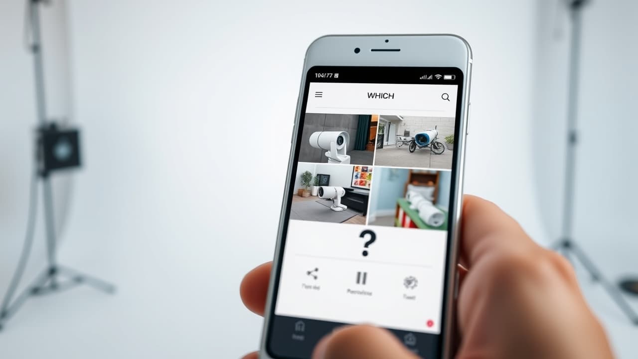 A smartphone screen displaying a user-friendly security camera app interface with live view, alerts, and settings