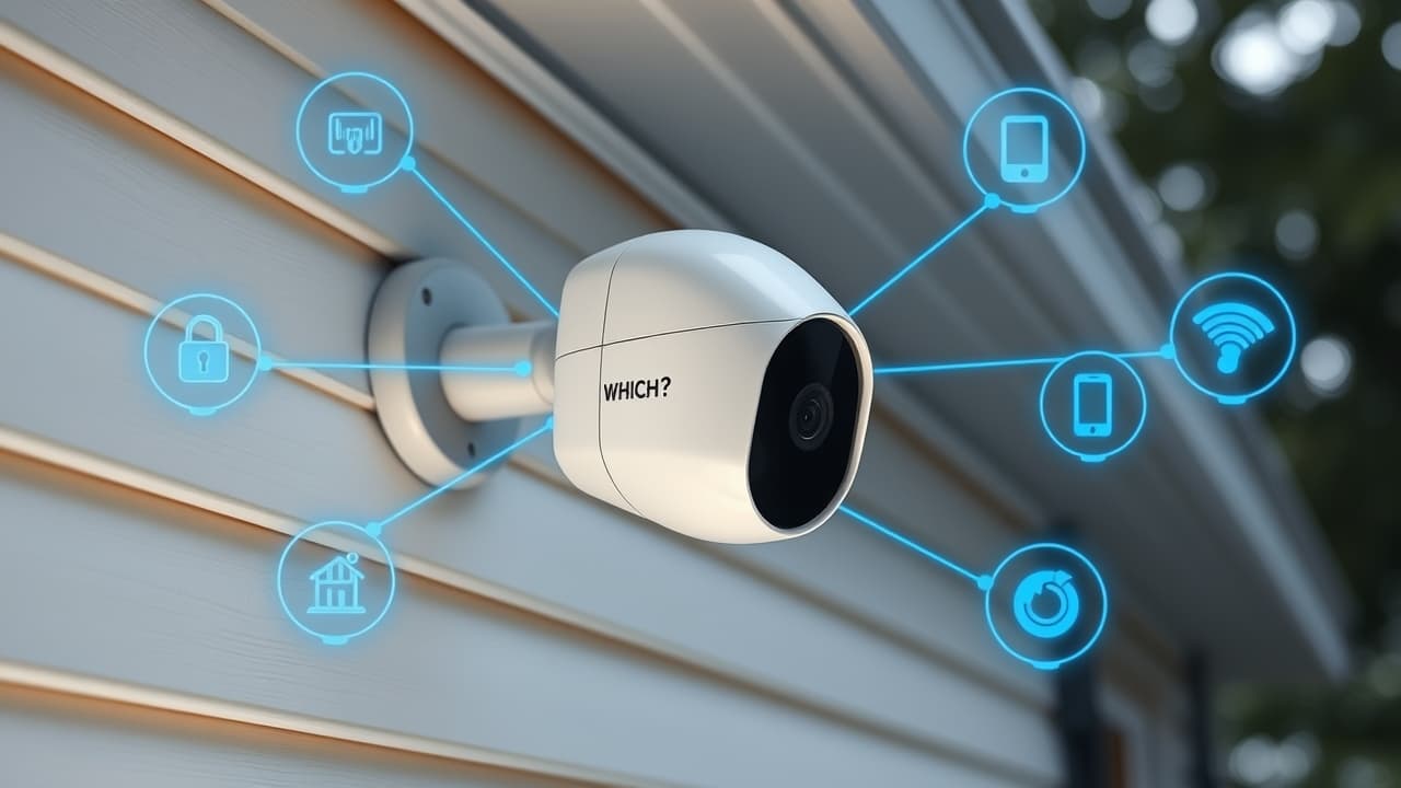 Icons representing various smart home ecosystems like Amazon Alexa, Google Assistant, and Apple HomeKit connected to an outdoor security camera