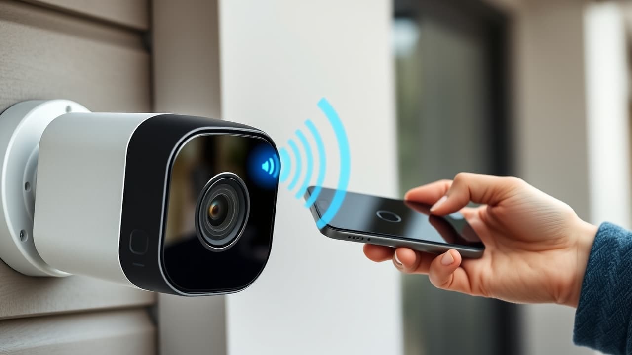 An outdoor security camera with speech bubbles indicating two-way audio communication with a person at the door