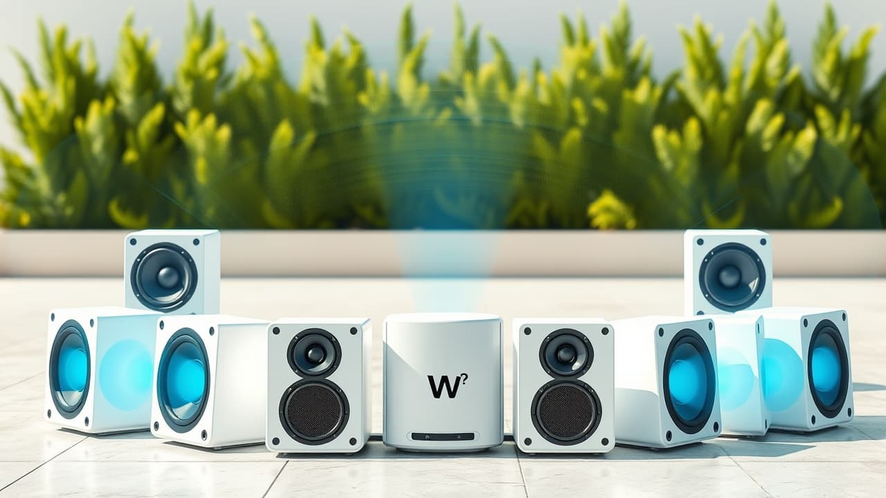 Diagram illustrating wide sound dispersion from multiple outdoor speakers in a backyard