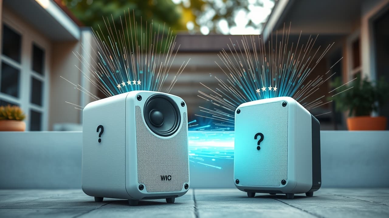 Outdoor speaker emitting powerful sound waves across a backyard