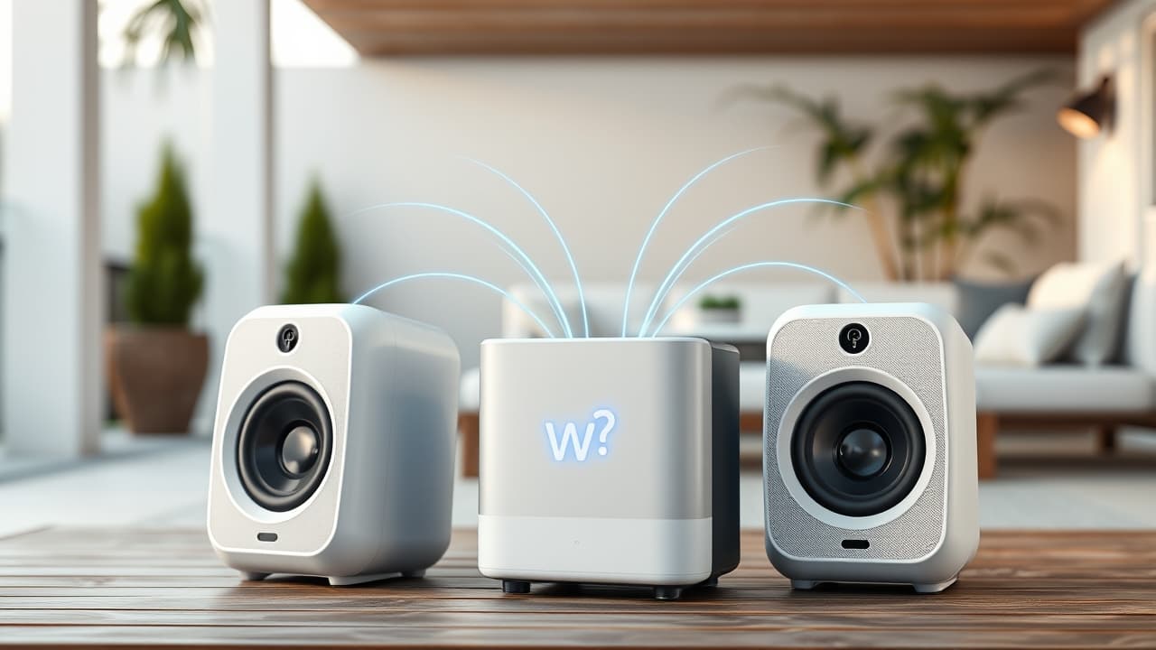 Smartphone app controlling an outdoor speaker system with voice assistant icons