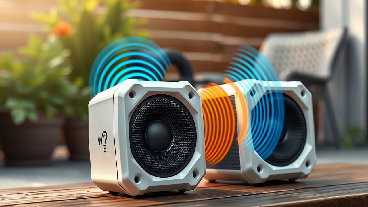Comparison between a portable Bluetooth speaker and a permanently installed landscape speaker