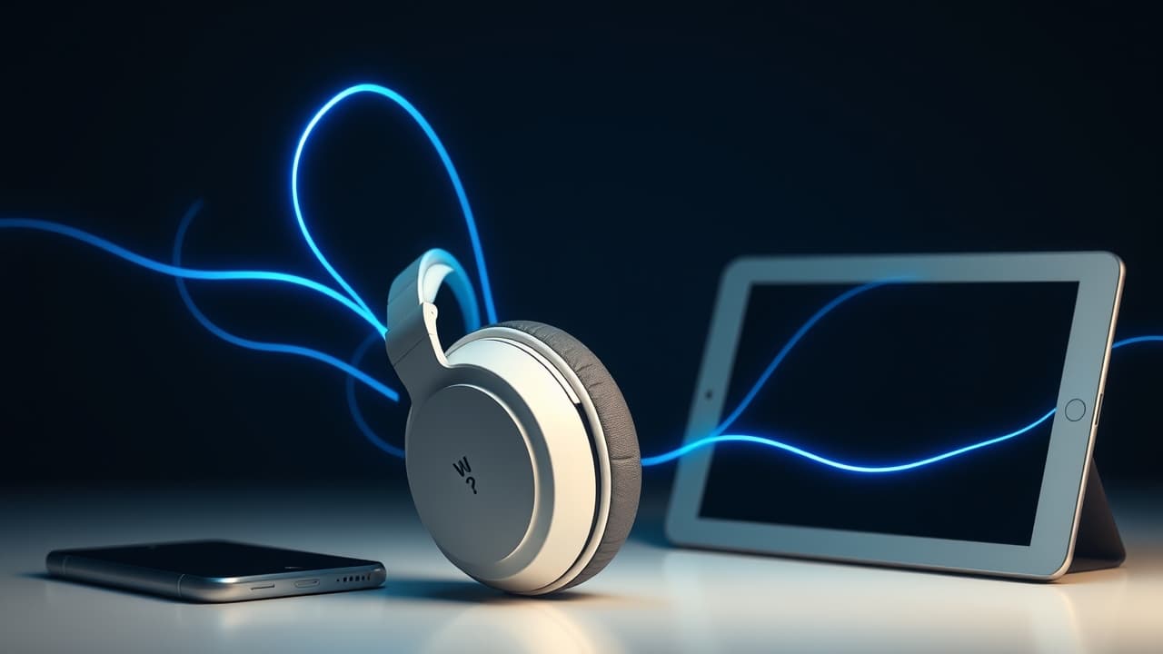 Two devices (laptop and phone) connected to a single pair of wireless over-ear headphones via Bluetooth